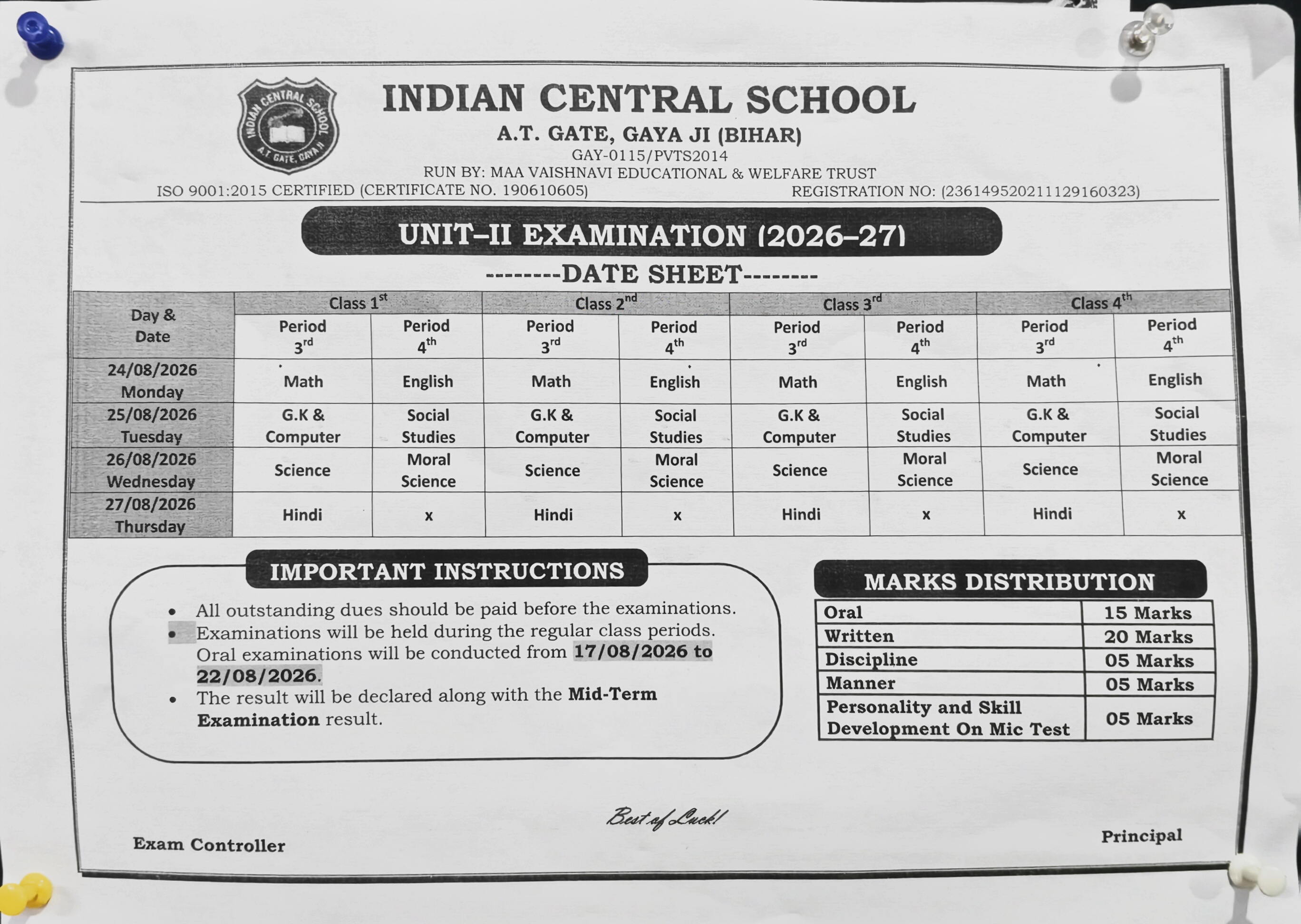 Exam Date Sheet Notice